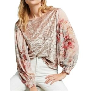 Anthropologie Meadow Rue Top Women Small Pink‎ Crushed Velvet Floral Sheer Boho